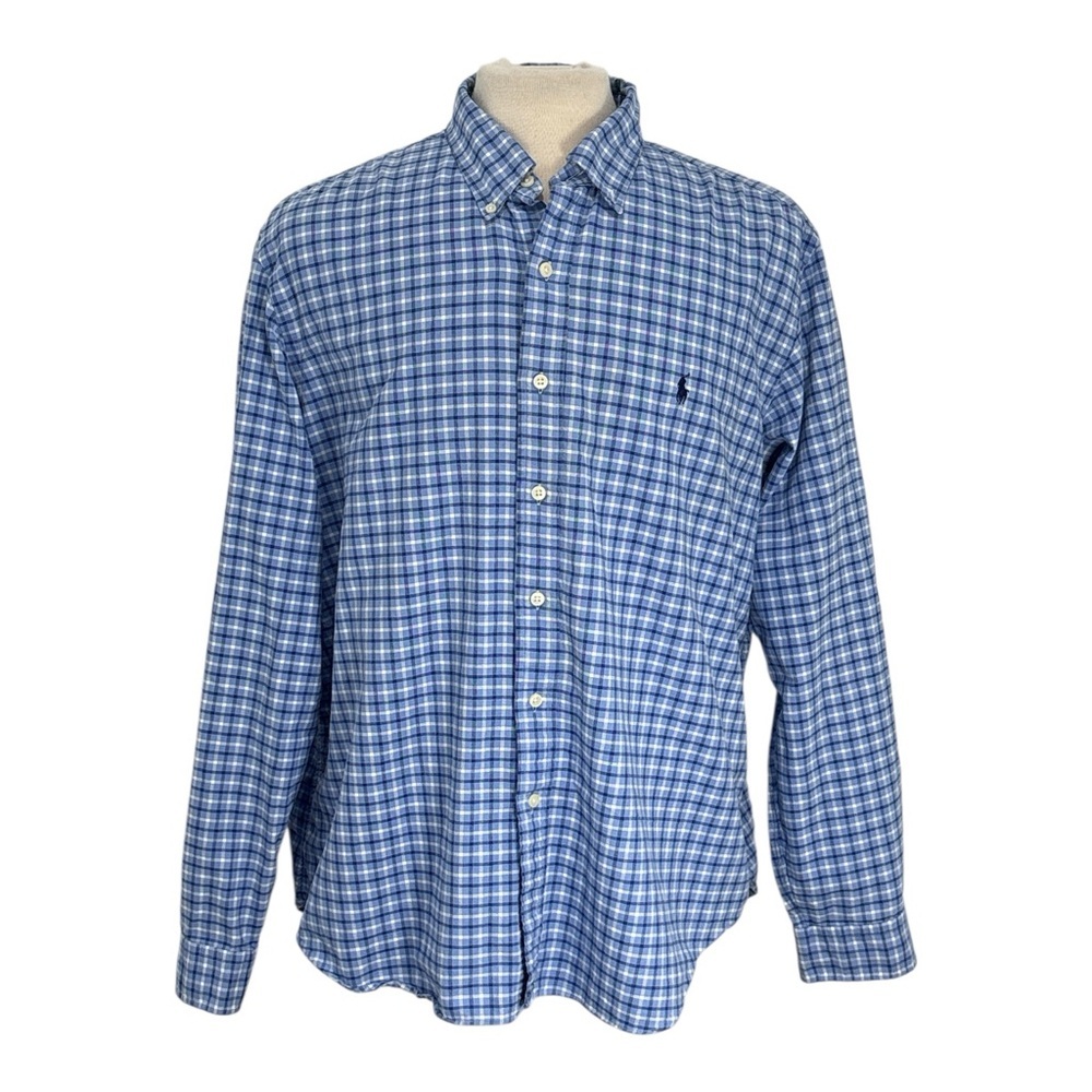 Ralph Lauren Mens XXL Shirt Blue Check Button Down Long Sleeve Brown Pony Cotton